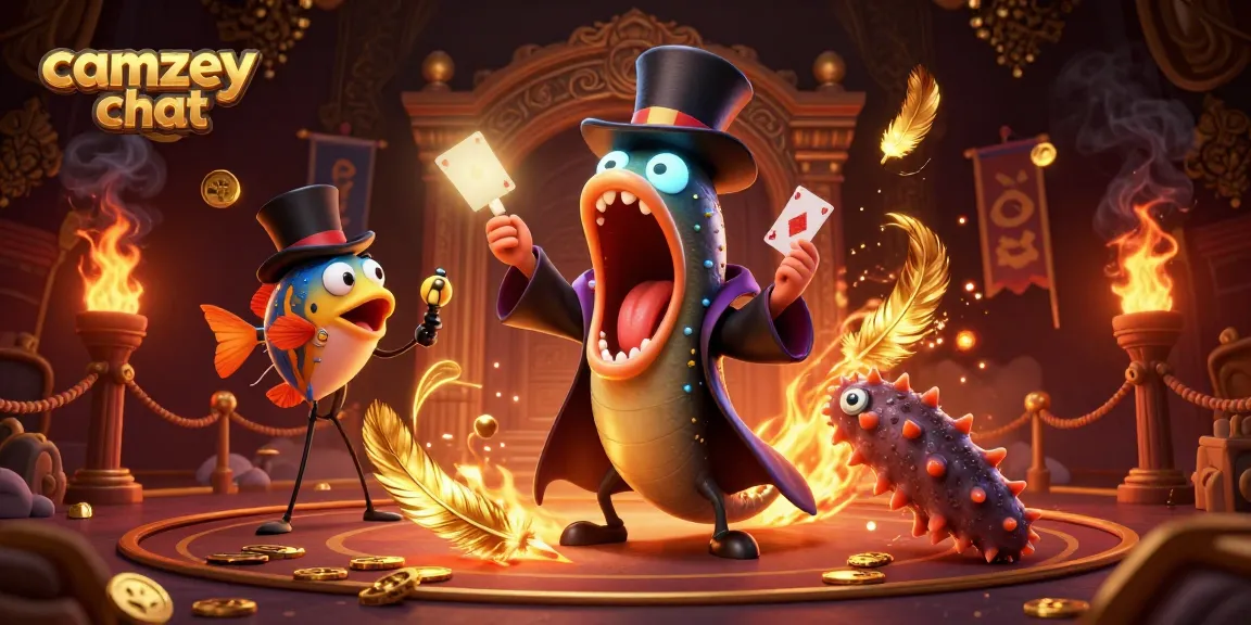 Experience camzey chat with bioluminescent characters in a vibrant, casino-themed illustration.