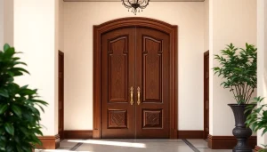 Install a single leaf double swing door in a beautiful entryway with natural lighting and greenery.