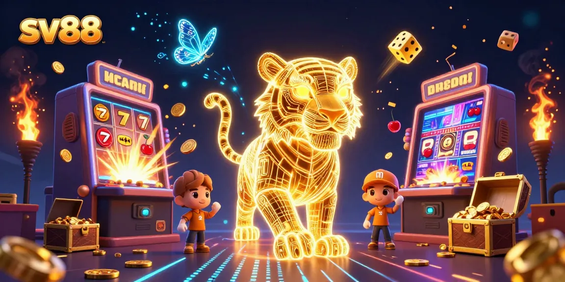 Experience the excitement of sv88 with a neon golden tiger in a dynamic casino landscape.
