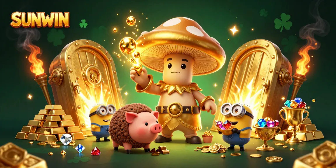 SUNWIN jackpot excitement illustrated by a golden mushroom wizard casting treasure spells with vibrant gems and gold
