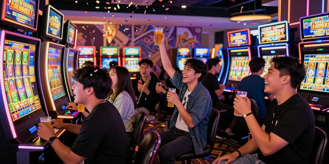 Exciting group of friends cheering at a slot gacor machine in a lively casino.