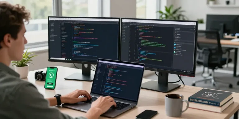 Professional workspace featuring WhatsApp下載 interfaces and development tools, showcasing a tech-focused environment.