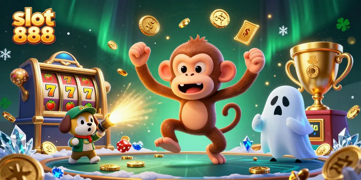 Engage with slot 888 as a mischievous monkey juggles golden coins and a curious puppy explores a vibrant haunted casino.