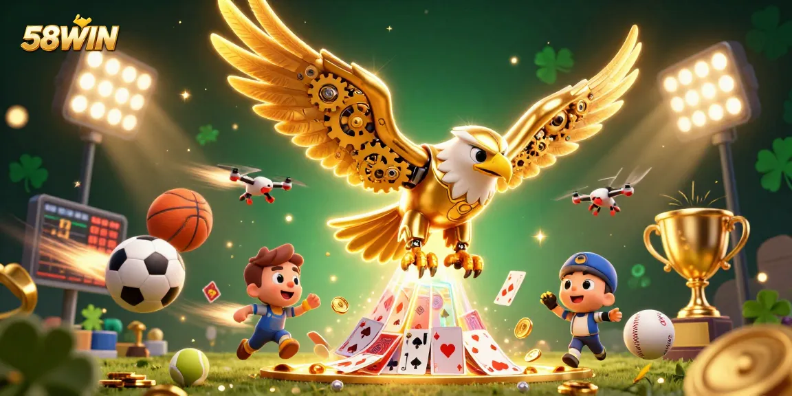 Experience the thrill of gaming with 58WIN, a dynamic casino illustration showcasing an eagle diving among vibrant casino elements.