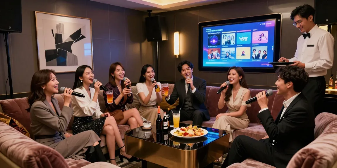 강남쩜오에서 고급스러운 카라오케 룸에서 친구들과 즐거운 시간을 보내는 모습