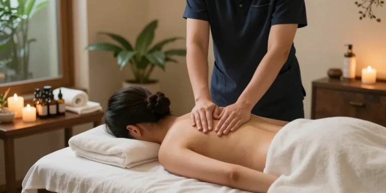 대치동마사지 전문 테라피가 편안한 스파 환경에서 고객에게 스웨디시 마사지를 제공하는 모습