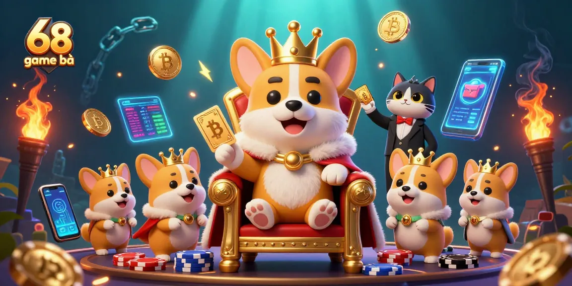 Experience the thrill of 68 game bài with vibrant illustrations of corgis, poker, and crypto elements.