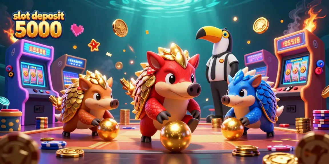 Experience the thrill of slot deposit 5000 with vibrant gaming characters amidst casino excitement.