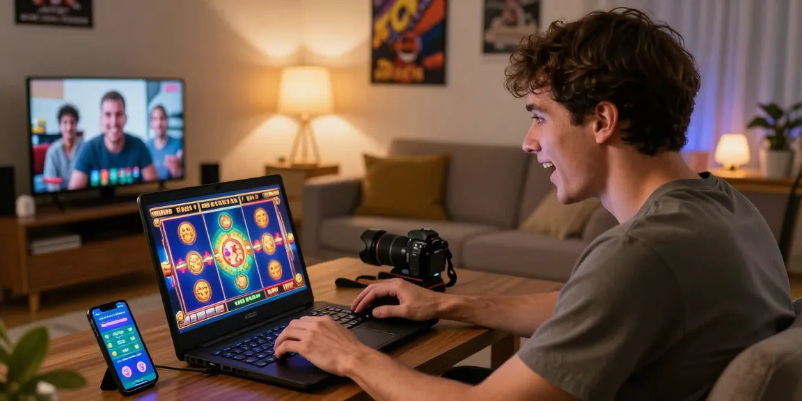 Engaging player immersed in slot depo 5000 gaming at home, vibrant graphics on laptop, smartphone betting app visible.