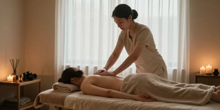 마사지로 편안하게 힐링하는 모습의 마사지룸