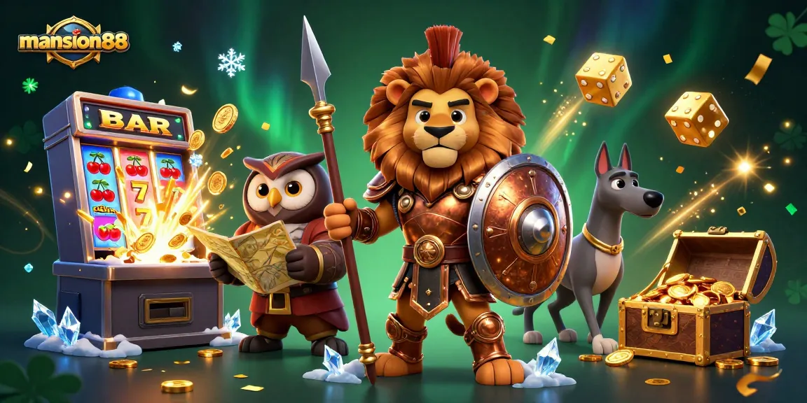 Experience thrilling wins at mansion88 with a dynamic casino scene featuring vibrant characters and iconic gambling elements.