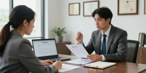 개인회생 상담 중인 변호사와 고객의 진지한 대화 모습