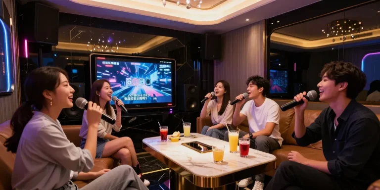 강남가라오케의 고급스러운 노래방에서 친구들이 즐겁게 노래 부르는 모습