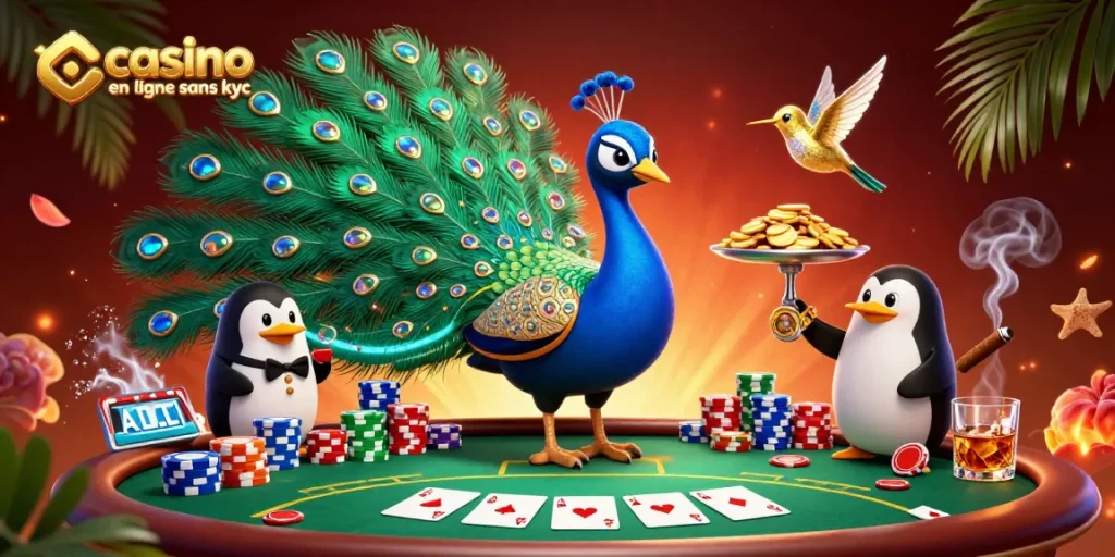 Jouer au casino en ligne sans KYC avec un paon aristocratique et un pingouin majordome dans un décor animé.
