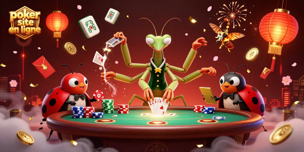 Jouer sur un site de poker en ligne avec une illustration dynamique de personnages et d'éléments variés.