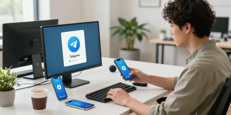 Downloading 纸飞机下载 Telegram app in a modern workspace with tech devices and natural light.