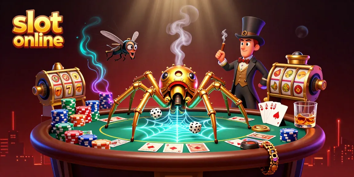 Menang slot online dengan ilustrasi spider steampunk yang menangkap dadu sial dalam webnya