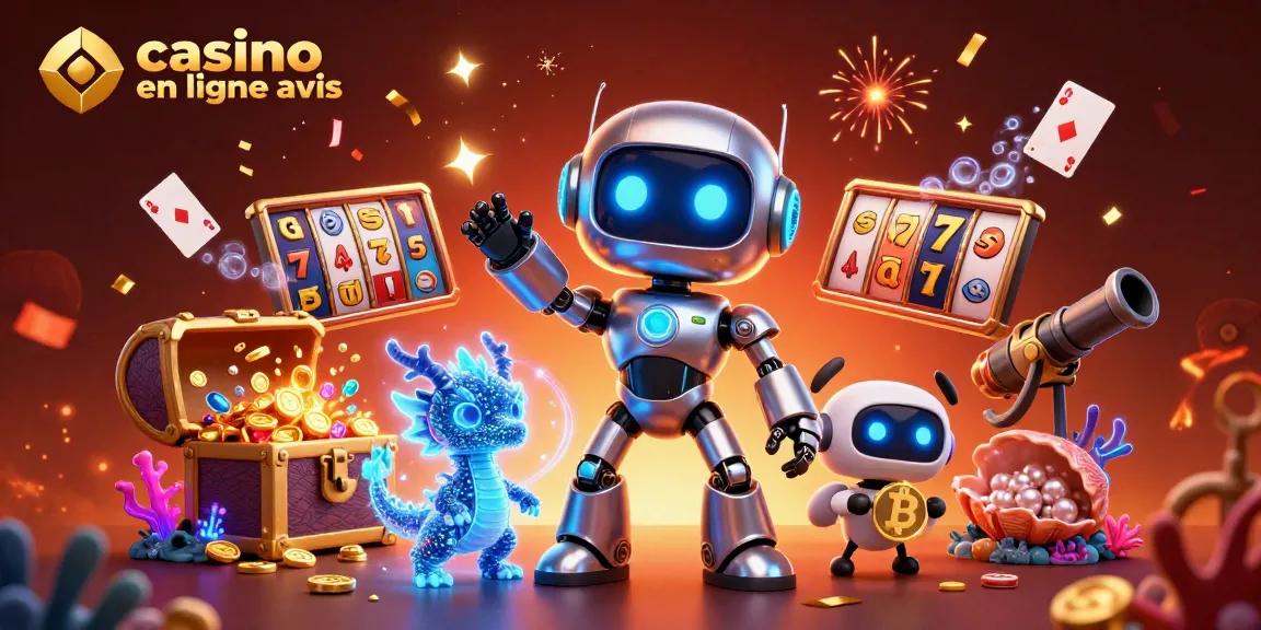 Casino en ligne avis : illustration dynamique de robots et symboles de machines à sous en action.
