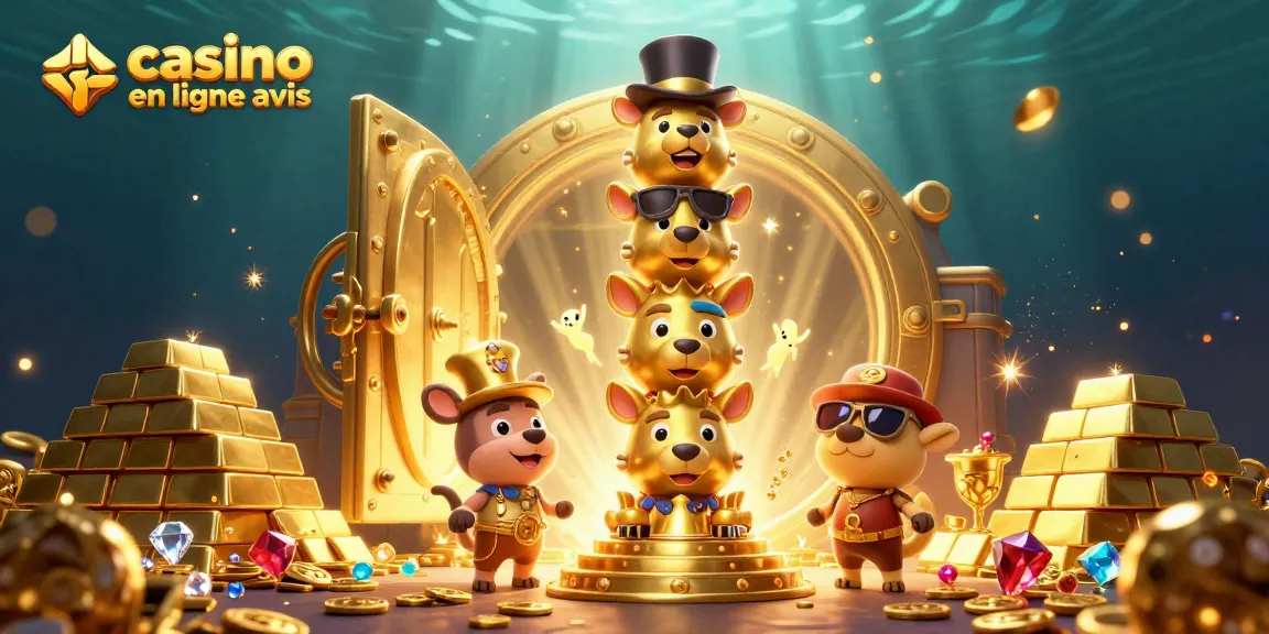 Obtenir des avis sur casino en ligne avis avec des personnages de casino animés entourés de trésors.