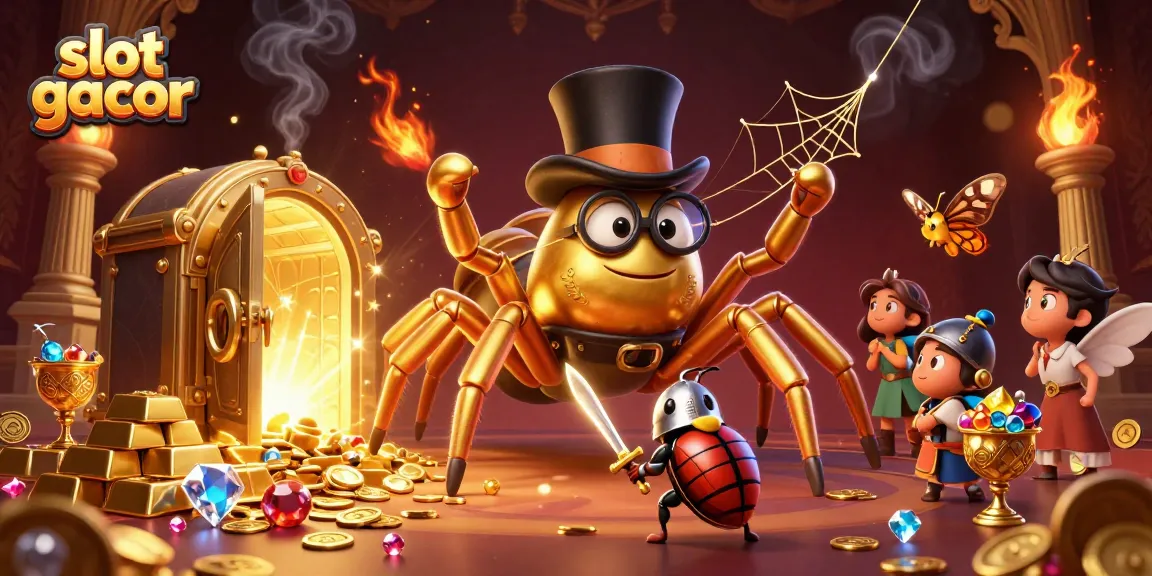Engage in slot gacor gaming with a lively 3D illustration featuring a golden tarantula and brave knight amidst treasure.