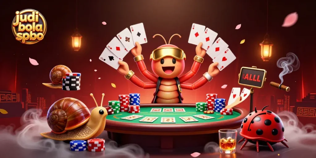 Engage with judi bola spbo through an exciting 3D poker scene featuring a whimsical millipede dealer and vibrant game elements.