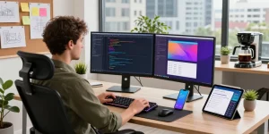 Developer working in a modern workspace showcasing 纸飞机中文版官网 software tools and vibrant coding activities.
