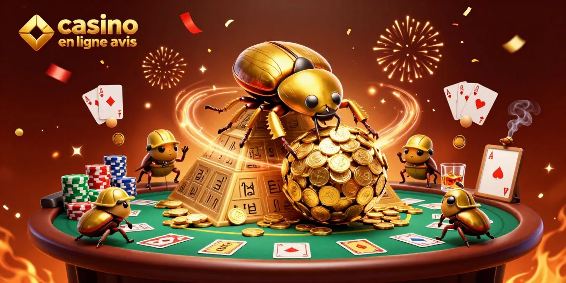 Un avis détaillé sur les casinos en ligne avec une illustration d'un scarabée doré et des éléments de jeu variés.