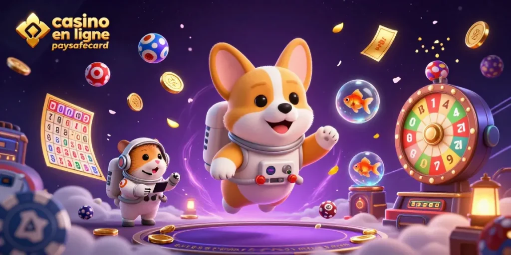 Jouez sur un casino en ligne paysafecard avec un corgi dans un casino spatial spectaculaire.