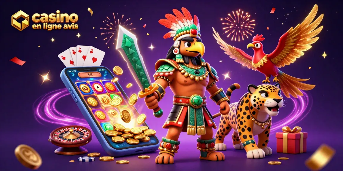 Casino en ligne avis : Illustration d'un guerrier aztèque et jaguar accompagnés de jeux de casino en arrière-plan.
