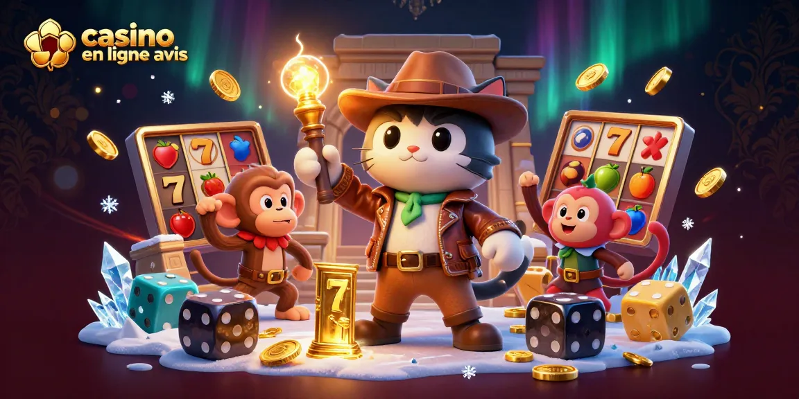 Illustration dynamique représentant un chat explorateur découvrant un artefact doré de casino, avec d'autres éléments de jeux, avis sur les casinos en ligne.