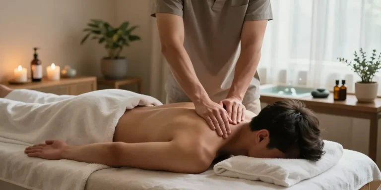 포항마사지 전문 마사지사가 편안한 환경에서 남성 고객에게 스웨디시 마사지를 제공하는 모습