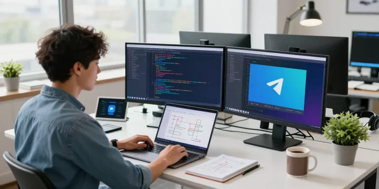 Developer coding on dual monitors in a bright workspace, focusing on 纸飞机下载 and the Telegram app.