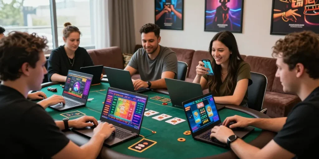 Exciting online casino gaming experience at thegbhouse.co.uk with friends enjoying diverse games.