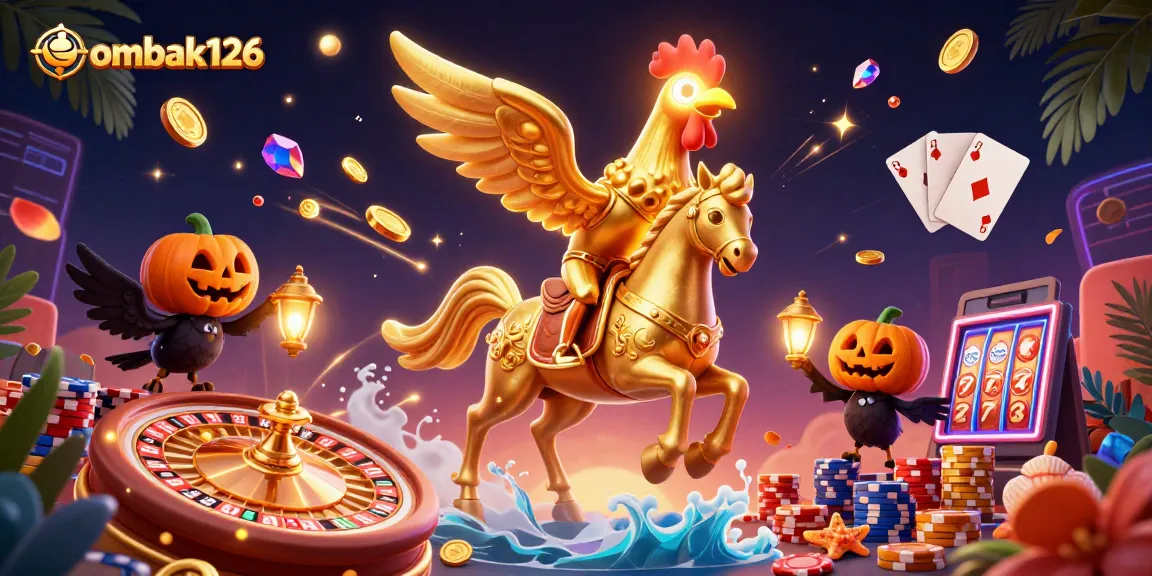 Experience ombak126's thrilling casino adventure with a golden rooster in a vibrant night scene.