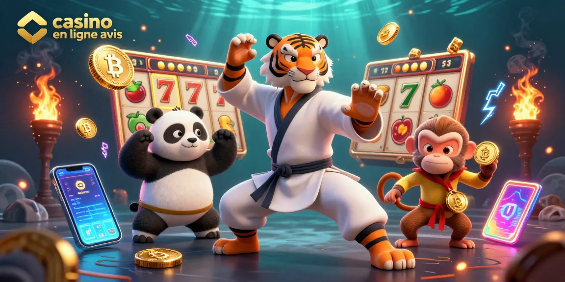 Avis sur les casinos en ligne illustré par un tigre maître en arts martiaux et un panda, entourés de machines à sous et de crypto-monnaies.