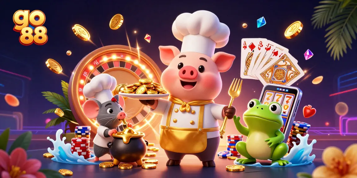 Engage with go 88 as a cartoon chef pig serves gold coins amid vibrant casino elements in a dazzling illustration.