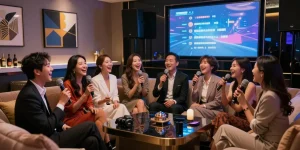 강남쩜오에서 즐거운 노래를 부르는 고객들, 세련된 분위기 속에서 프리미엄 경험을 만끽하고 있다.
