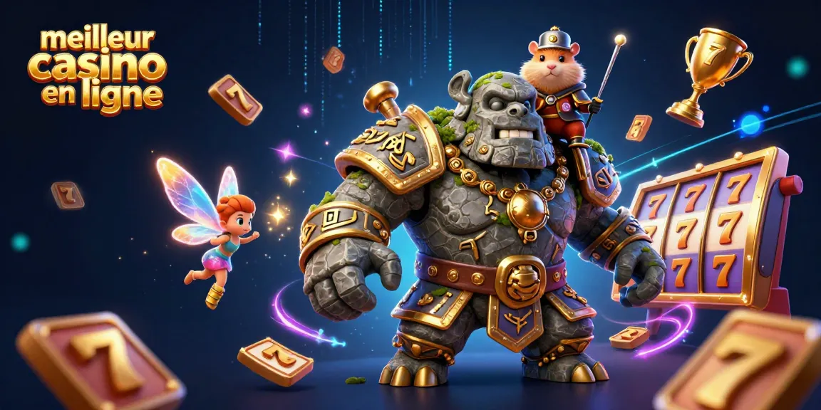 Visualisez le meilleur casino en ligne avec un golem et un hamster chevalier captivants.