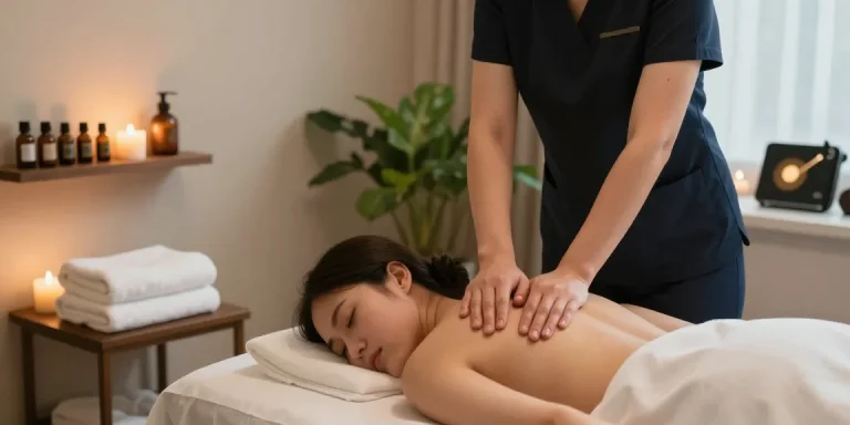마사지 시술 중인 마사지 전문가와 고객의 편안한 모습