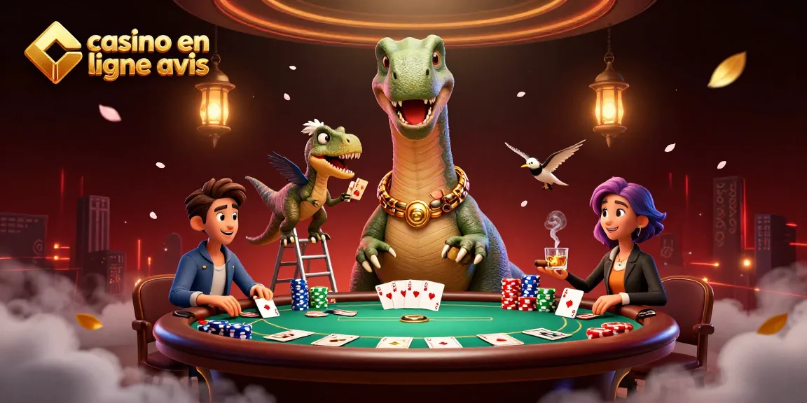 Découvrez le casino en ligne avis avec un brontosaurus regardant une table de poker animée et des personnages engageants.