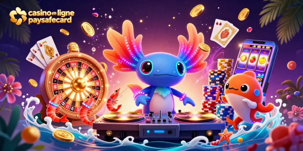 Vibrante illustration du casino en ligne paysafecard avec un DJ axolotl et des crevettes dansantes.