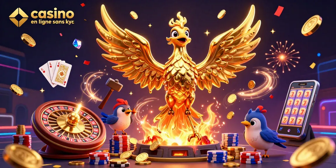 Visuel dynamique de casino en ligne sans KYC, montrant un phénix en or et des éléments de jeu éblouissants.
