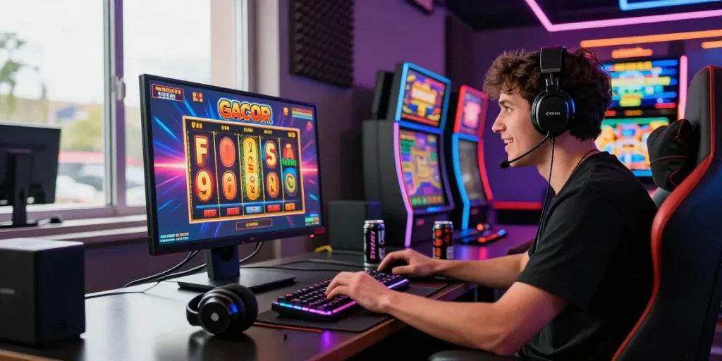 Exciting slot gacor gaming scene with player at colorful slot machine.