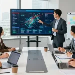 Engaged team discussing financial crime intelligence strategies with data analytics in a modern conference room.