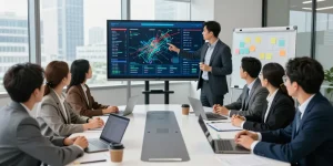 Engaged team discussing financial crime intelligence strategies with data analytics in a modern conference room.