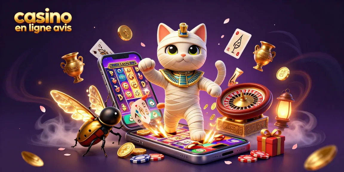 Plongez dans l'univers des jeux avec avis sur les casinos en ligne, illustrant un chat momie égyptien au cœur d'un casino pyramidal.