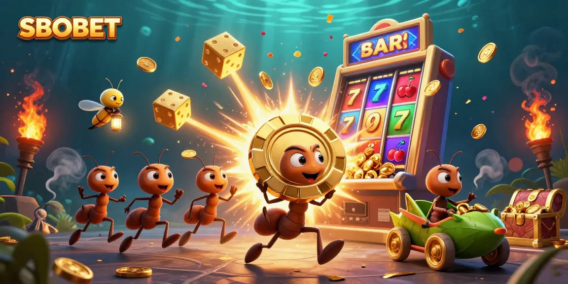 SBOBET themed illustration, depicting a heist with ants, poker chips, and vibrant casino elements.