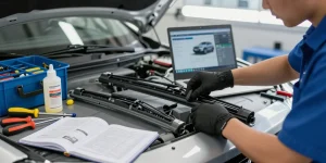 Technician installing a hybrid wiper blade on a car in a professional garage setting, emphasizing safety and precision.