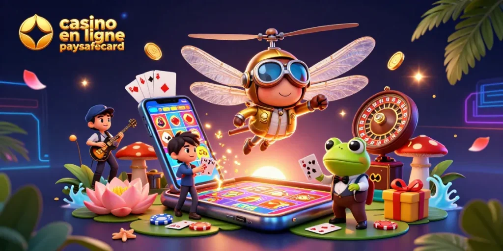 Jouer à casino en ligne paysafecard avec un pilote libellule, un croupier grenouille et une ambiance de promenade.