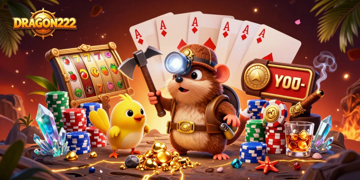 Experience DRAGON222 as a treasure hunter mole engages in thrilling casino activities, amidst vibrant gaming elements.